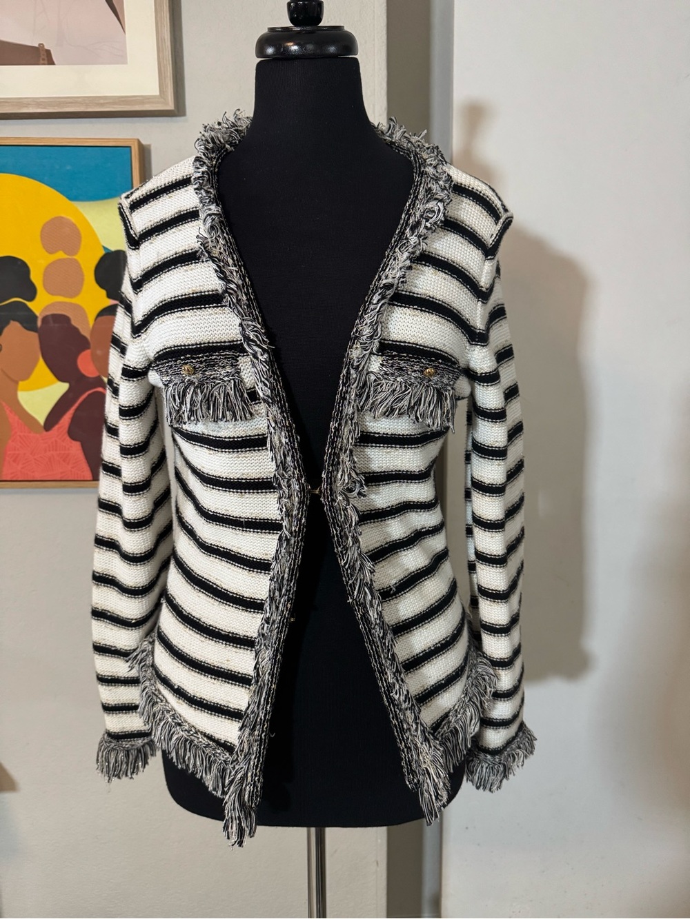 Cache Black & White Fringed Striped Open Cardi